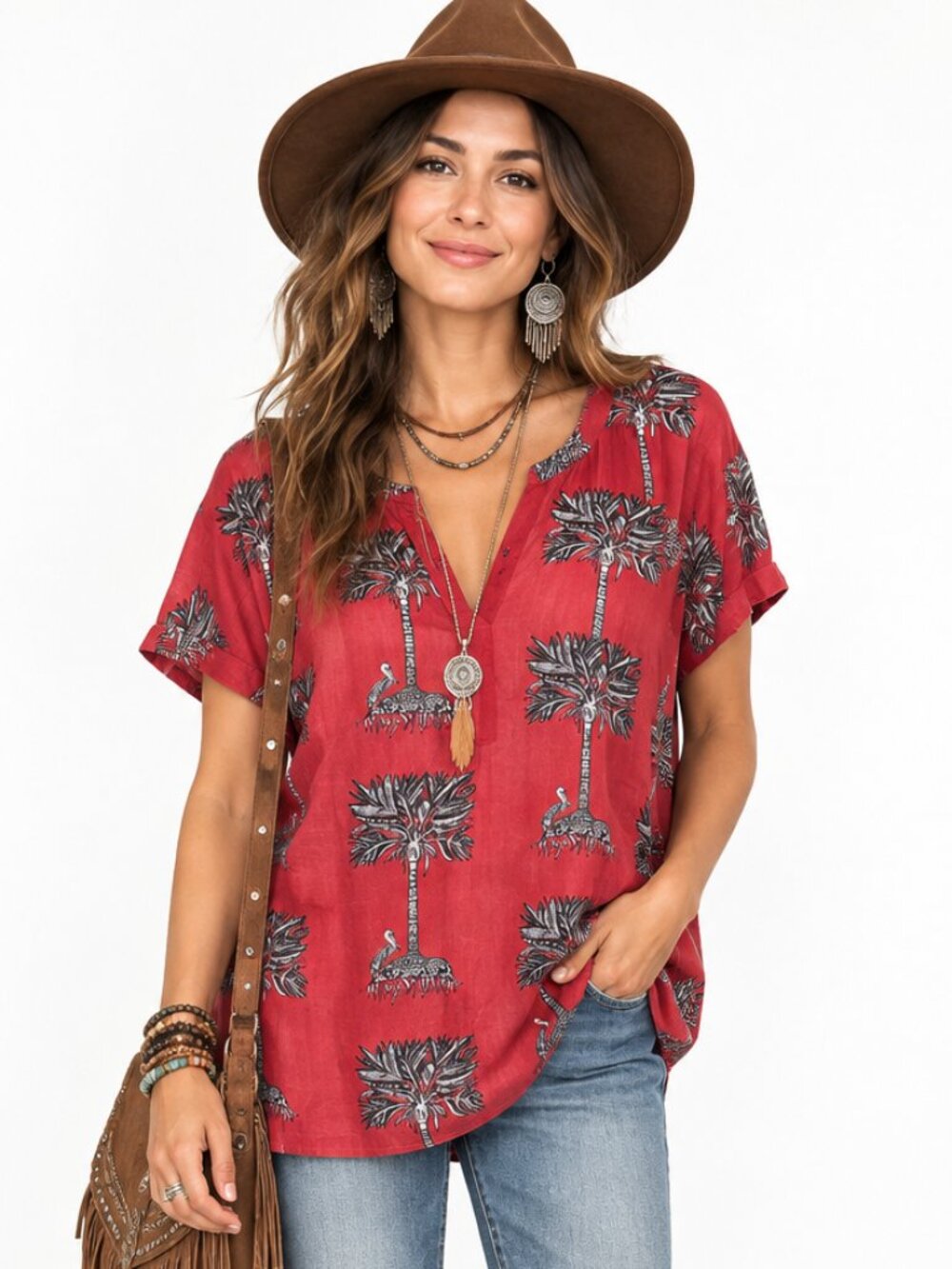 Vilagallo Silk Cotton Red Black Blouse Women’s 42 US 6 Ethnic Tropical Boho